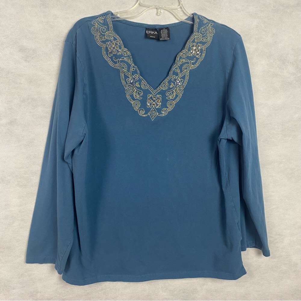 Vtg Erika Top Womens 2X Blue Long Sleeve Embroidered Sequined V Neck Blouse Flaw